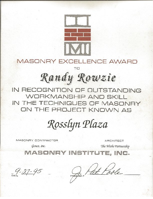 Masonry Excellence Award from the Masonry Institute, Inc.